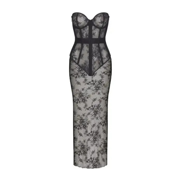 B10. NWT SKIMS ULTRA FINE LACE STRAPLESS CORSET LONG DRESS - Picture 9 of 14